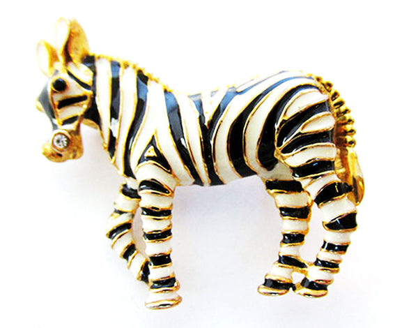 Vintage 1970s Jewelry Adorable Diamante and Enamel Figural Zebra Pin - Front