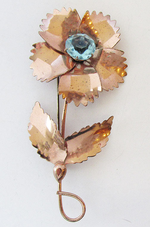 Jordan Vintage Rare 1940s Lovely Vermeil Rhinestone Floral Pin