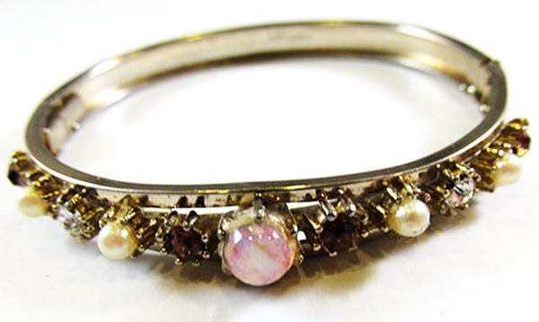 Vintage 1950s Mid-Century Opal Diamante and Pearl Cuff Bracelet - Close Up