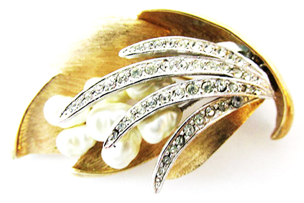 Vintage 1950s Jewelry Unique Mid-Century Pearl and Diamante Floral Pin - Front