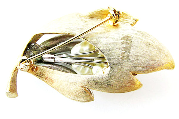 Vintage 1950s Jewelry Unique Mid-Century Pearl and Diamante Floral Pin - Back