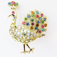 Vintage 1970s Contemporary Style Whimsical Diamante Peacock Pin - Front - Thumbnail