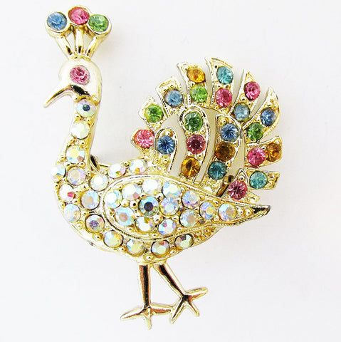 Vintage 1970s Contemporary Style Whimsical Diamante Peacock Pin - Front