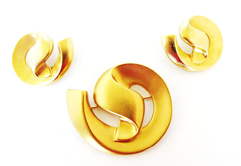 Vintage 1970s Jewelry Avant-Garde Gold Minimalist Pin and Earrings Set - Front