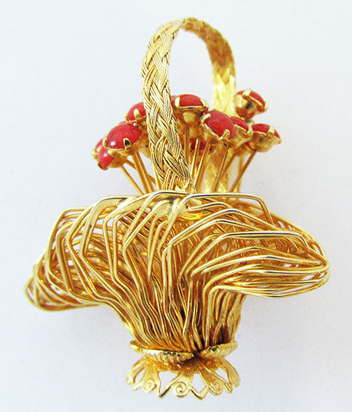Vintage 1960s Delightful Retro Gold and Coral Floral Basket Pin
