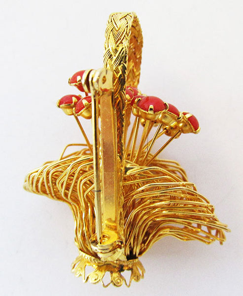 Vintage 1960s Delightful Retro Gold and Coral Floral Basket Pin