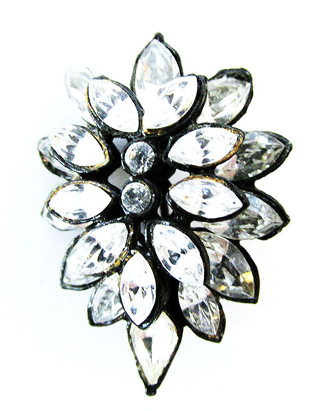 Vintage 1950s Costume Jewelry Delicate Japanned Diamante Floral Pin - Front