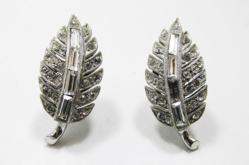 Vintage Mid Century 1950s Beautiful Rhinestone Leaf Earrings