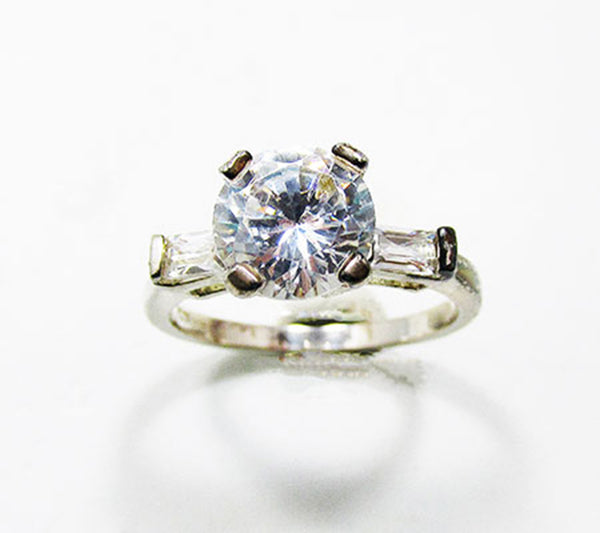 Vintage 1980s Cubic Zirconia and Sterling Solitaire Fashion Ring - Front