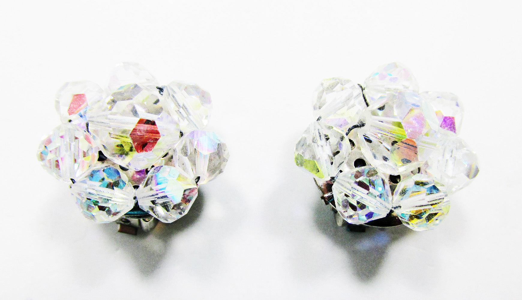 Beautiful 1950s Mid-Century Classic Clear Crystal Button Earrings - Front