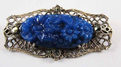 Vintage Retro 1920s Unique Filigree Marcasite Floral Pin