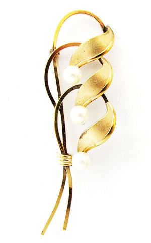 Van Dell 1940s Vintage Designer Gold Filled Pearl Floral Spray Pin - Front