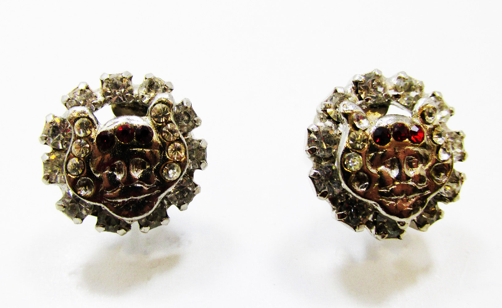 Distinctive 1950s Mid-Century Diamante Man's Face Button Earrings - Front