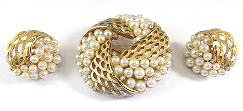 Crown Trifari Vintage Jewelry 1950s Diamante & Pearl Pin and Earrings - Front