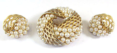 Crown Trifari Vintage Jewelry 1950s Diamante & Pearl Pin and Earrings - Front