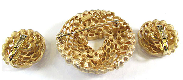 Crown Trifari Vintage Jewelry 1950s Diamante & Pearl Pin and Earrings - Back