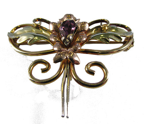 Van Dell Vintage 1940s Amethyst Rhinestone Gold-Filled Pin/Pendant - Front