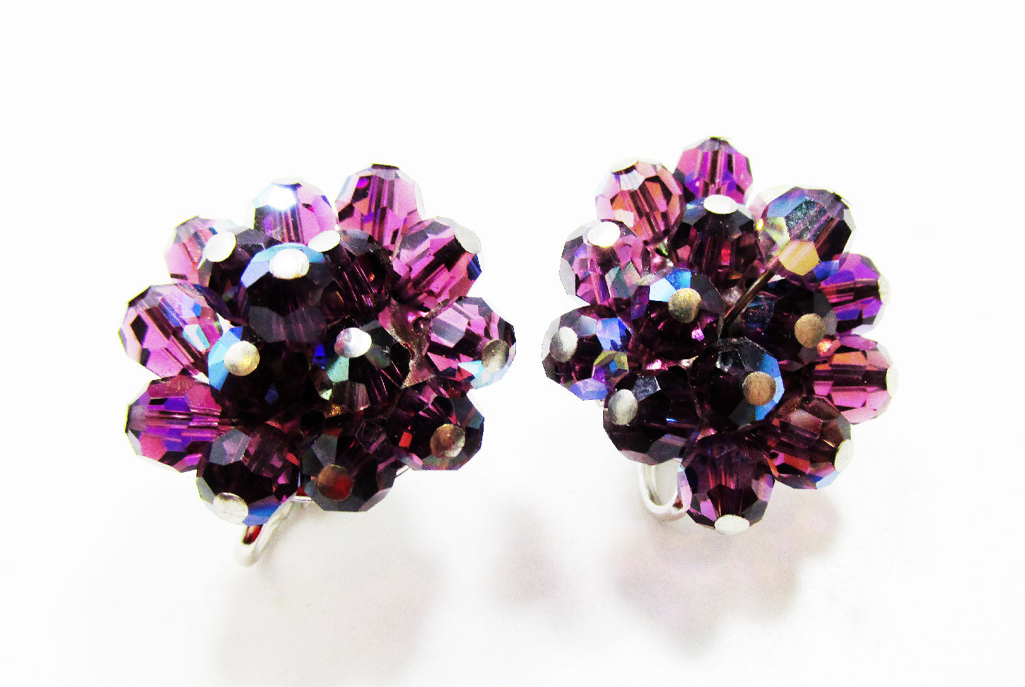 Dazzling Vintage 1960s Mid-Century Purple Crystal Button Earrings - Front