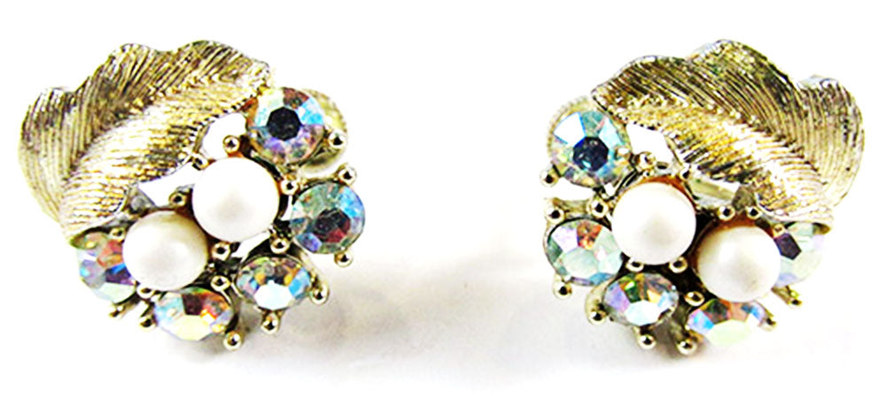 Lisner Vintage Jewelry Mid-Century Diamante and Pearl Floral Earrings - Front