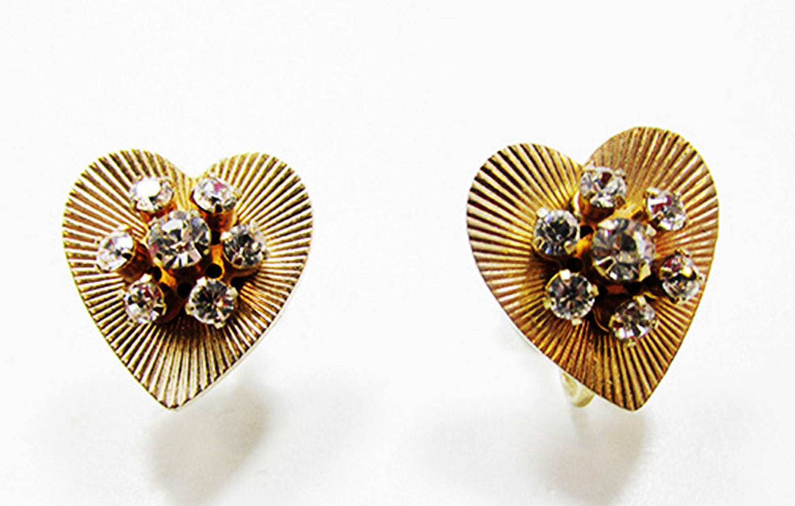 Signed Karu Arke 1950s Designer Vintage Diamante Heart-Shaped Earrings - Front