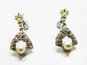Elegant 1950s Mid-Century Vintage Diamante and Pearl Drop Earrings - Front