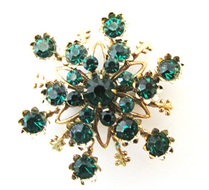Vintage 1950s Mid-Century Emerald Green Diamante Snowflake Pin - Front