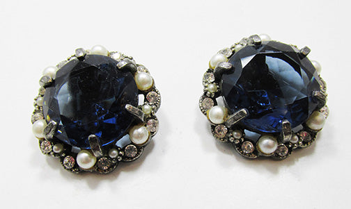 Art Vintage Mid Century 1950s Bold Sapphire Button Earrings