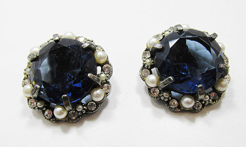 Art Vintage Mid Century 1950s Bold Sapphire Button Earrings