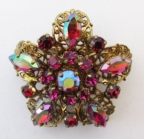West Germany Vintage 1950s Awesome Ruby and Fuschia Filigree Pin