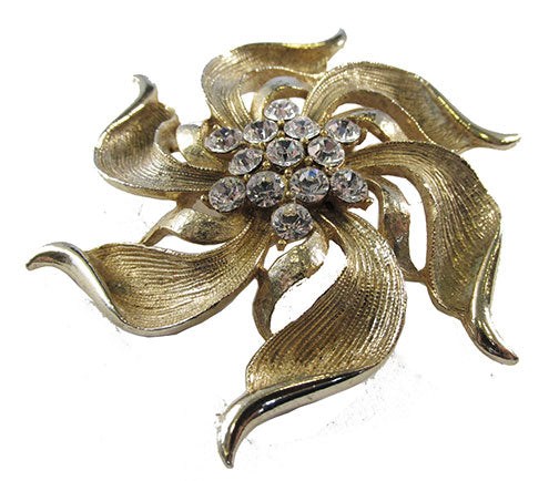 Vintage 1950s Bold Statement Clear Rhinestone and Gold Floral Pin - Front