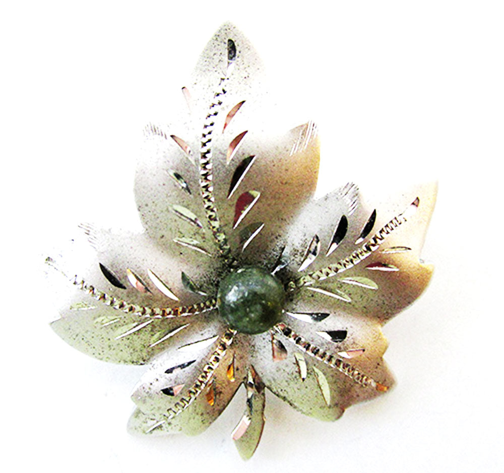 Theda 1940s Vintage Jewelry Gorgeous Sterling and Gemstone Leaf Pin - Front