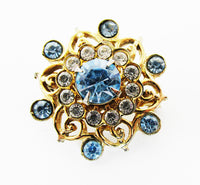 Dainty Vintage Mid-Century Clear and Sapphire Diamante Floral Pin - Front - Thumbnail