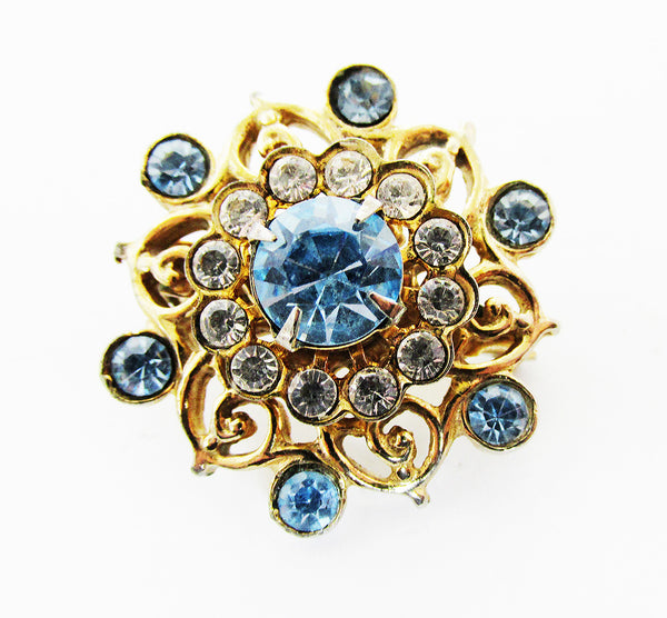 Dainty Vintage Mid-Century Clear and Sapphire Diamante Floral Pin - Front