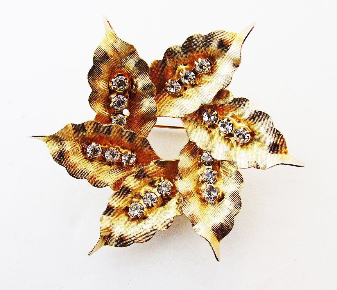 Unique 1960s Mid-Century Vintage Diamante Circular Leaf Pin - Front