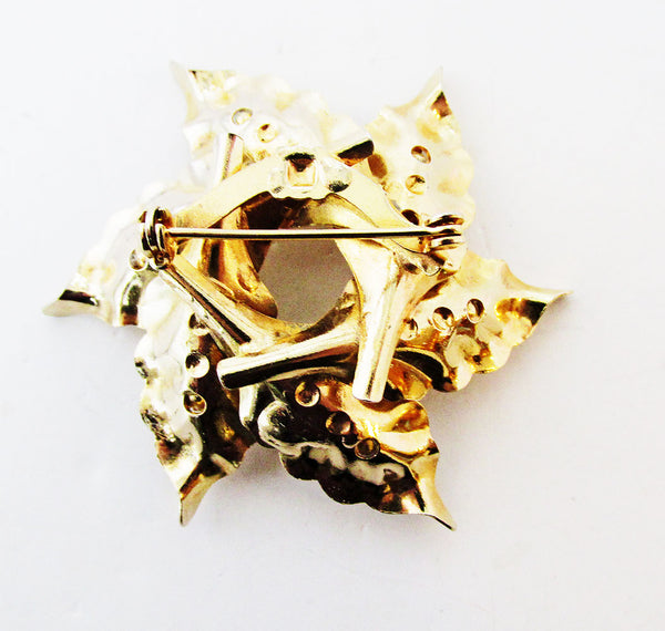 Unique 1960s Mid-Century Vintage Diamante Circular Leaf Pin - Back