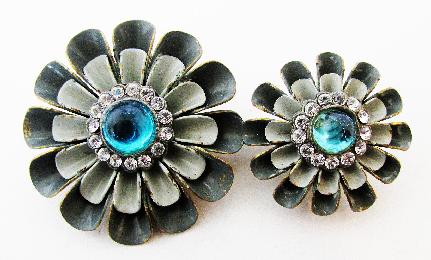 Unique Vintage 1940s Mid-Century Double Diamante and Enamel Floral Pin - Front