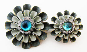 Unique Vintage 1940s Mid-Century Double Diamante and Enamel Floral Pin - Front