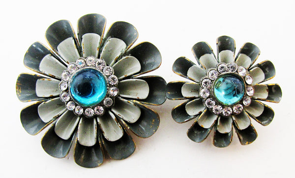 Unique Vintage 1940s Mid-Century Double Diamante and Enamel Floral Pin - Front