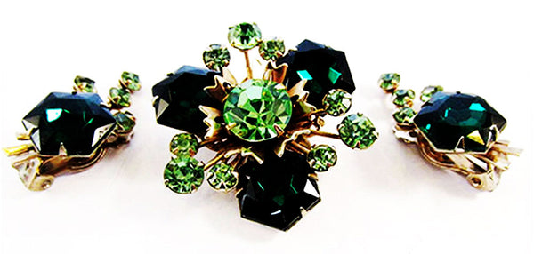 Vintage 1950s Peridot and Emerald Rhinestone Pin and Earrings Set - Front