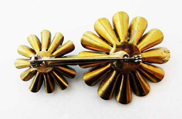 Unique Vintage 1940s Mid-Century Double Diamante and Enamel Floral Pin - Back