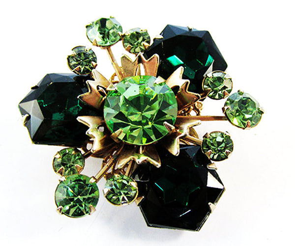 Vintage 1950s Jewelry Peridot and Emerald Diamante Pin and Earring Set - Pin