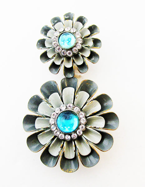 Unique Vintage 1940s Mid-Century Double Diamante and Enamel Floral Pin - Front