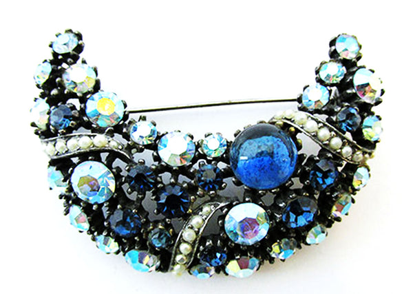 Art 1950s Vintage Jewelry Sapphire Diamante and Pearl Crescent Pin - Front