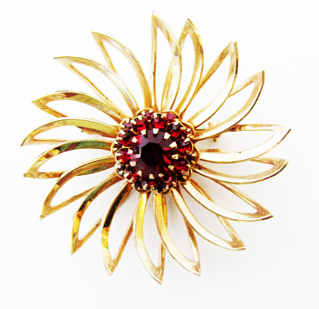Vintage 1960s Sarah Coventry Designer Ruby Diamante Floral Pin - Front