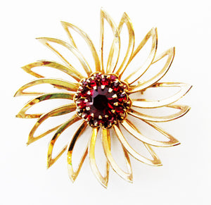 Vintage 1960s Sarah Coventry Designer Ruby Diamante Floral Pin - Front
