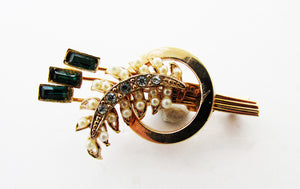 Adorable Vintage 1960s Dainty Diamante and Pearl Floral Spray Pin - Front