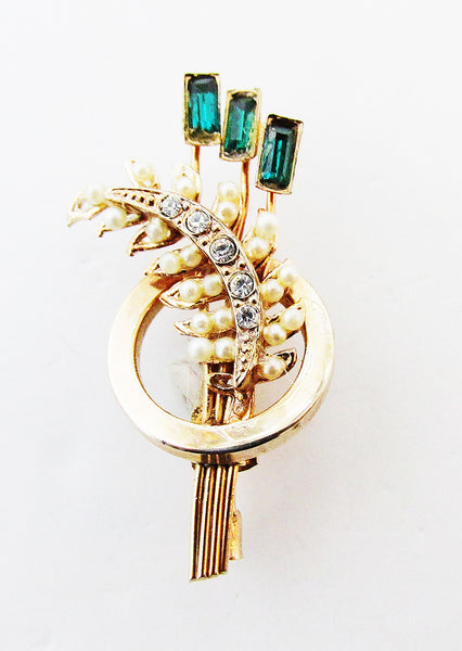 Adorable Vintage 1960s Dainty Diamante and Pearl Floral Spray Pin - Front