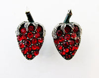 Vintage Mid-Century Sparkling Realistic Diamante Strawberry Earrings - Front - Thumbnail