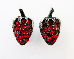 Vintage Mid-Century Sparkling Realistic Diamante Strawberry Earrings - Front