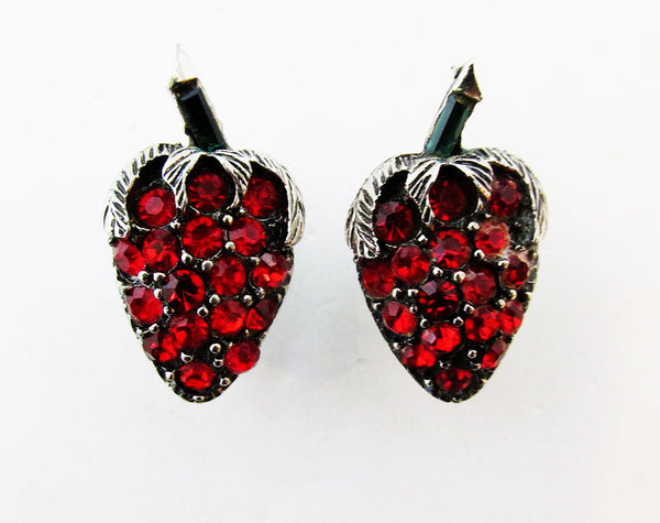 Vintage Mid-Century Sparkling Realistic Diamante Strawberry Earrings - Front